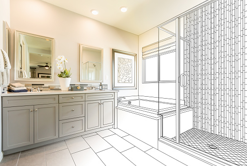 Custom Master Bahroom Design Drawing With Cross Section Of Finished Photo.